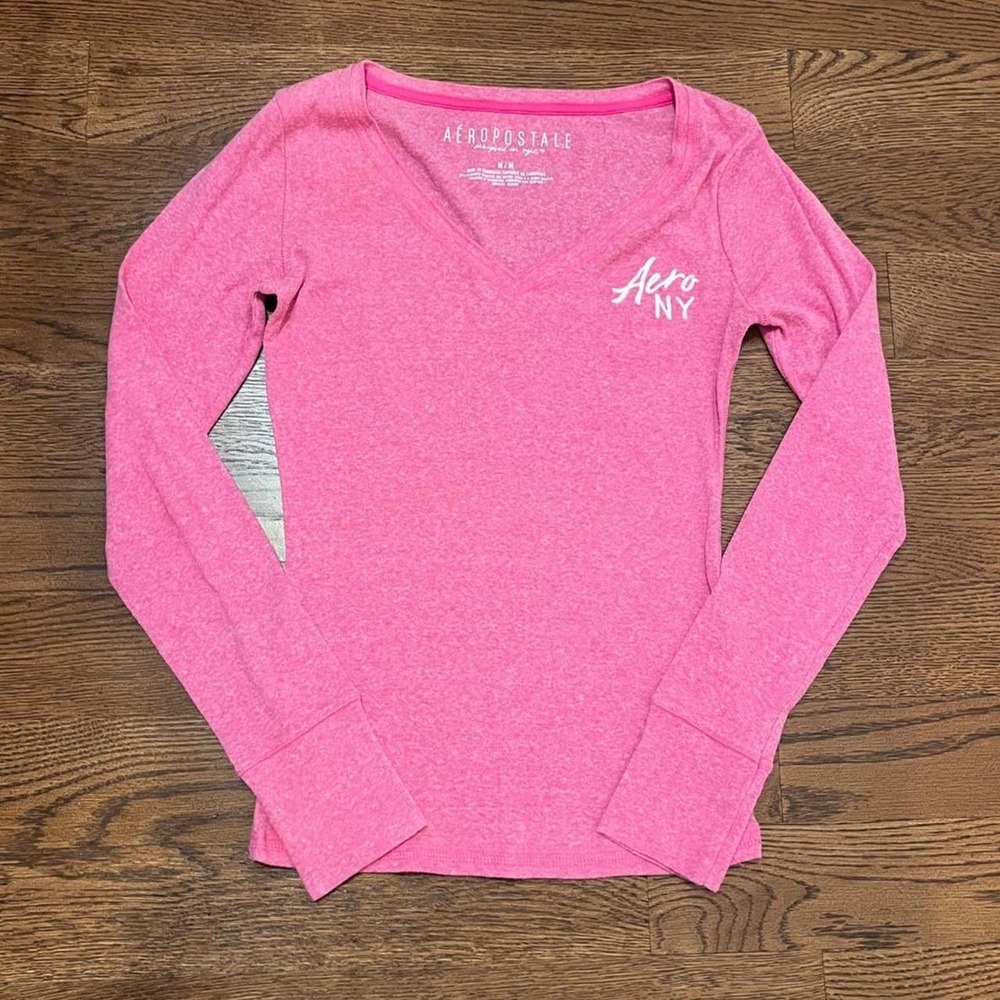 y2k aeropostale pink v neck embroidered logo long sleeve top medium